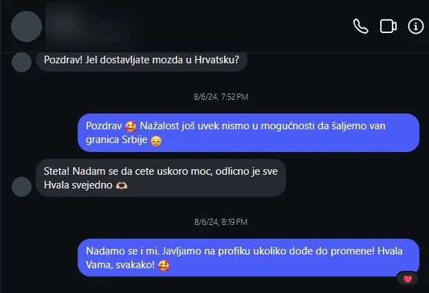 Poruka kupca na Instagramu: Pitanje o dostavi u Hrvatsku