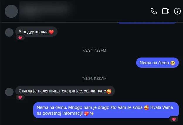 Poruka kupca na Instagramu: Stigla je nalepnica, ekstra je, hvala puno
