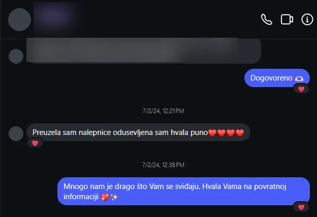 Poruka kupca na Instagramu: Preuzela sam nalepnice, oduševljena sam, hvala puno