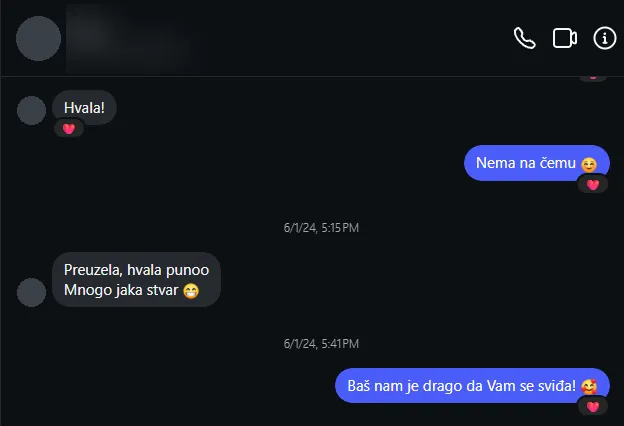 Poruka kupca na Instagramu: Preuzela, hvala puno. Mnogo jaka stvar