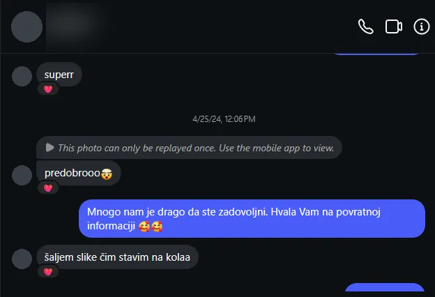 Poruka kupca na Instagramu: Predobro! Šaljem slike čim stavim na kola