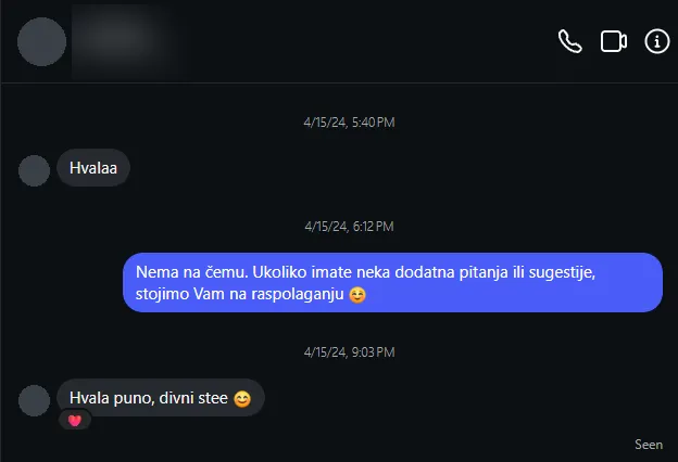 Poruka kupca na Instagramu: Hvala puno, divni ste