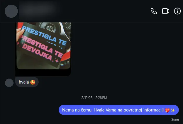 Poruka kupca na Instagramu: Hvala! Tabla „Prestigla te devojka”